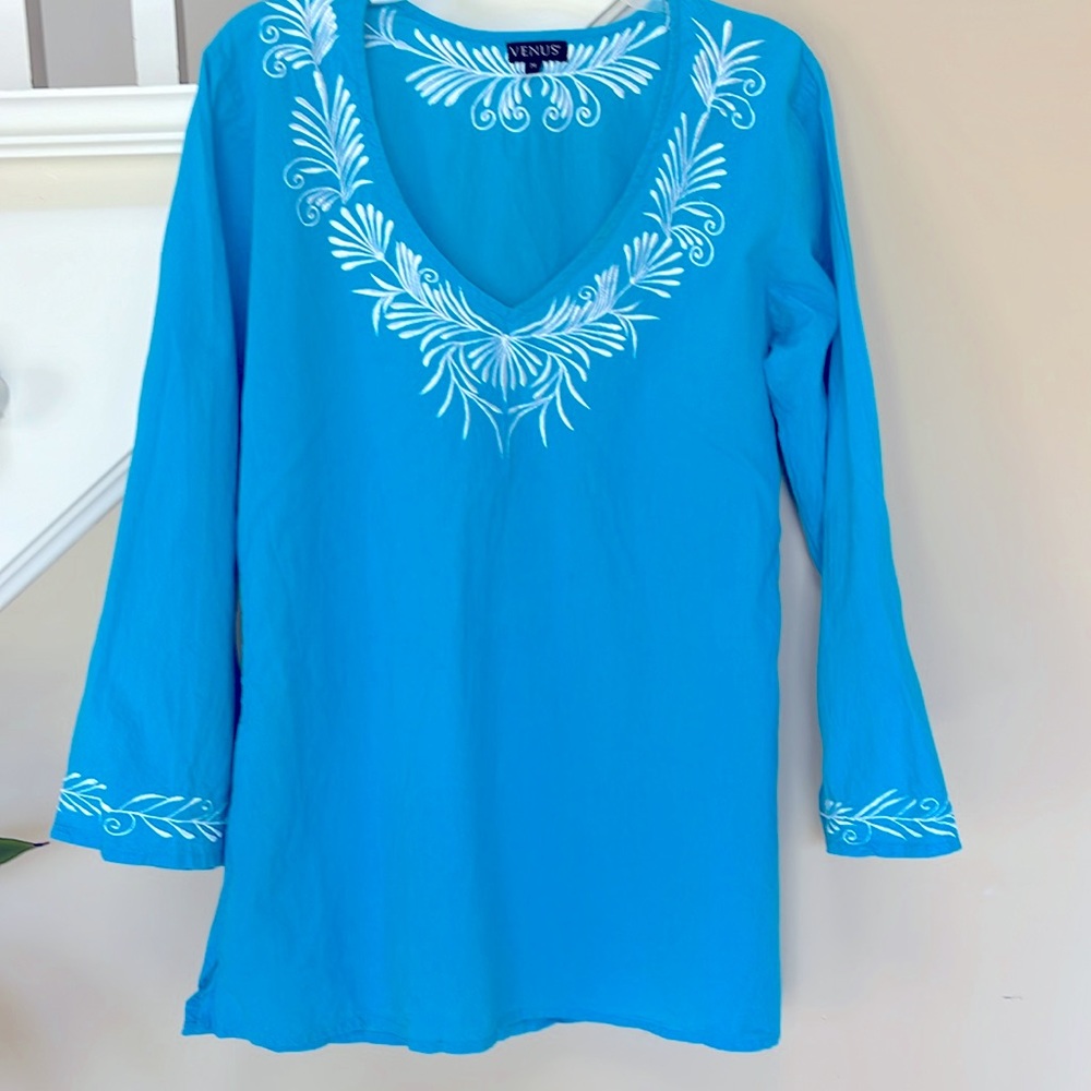 Turquoise blue long sleeve cotton tunic